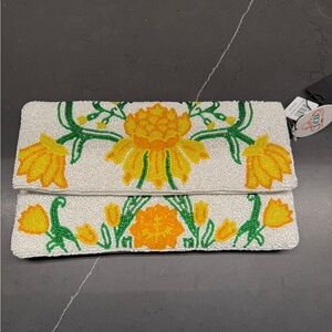 Beaded Floral Clutch with Yellow and Green Embroidery